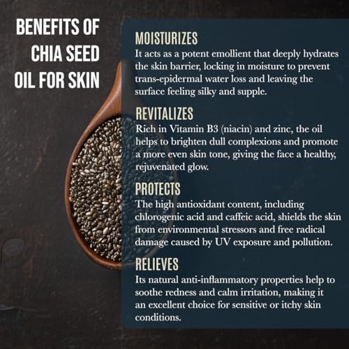 ORGANIC CHIA SEED OIL Facial Moisturizer | 100 Percent Pure Unrefined Cold Pressed Anti Aging Facial Oils | High Linoleic for Oily or Dry Skin | 4 oz bottle
