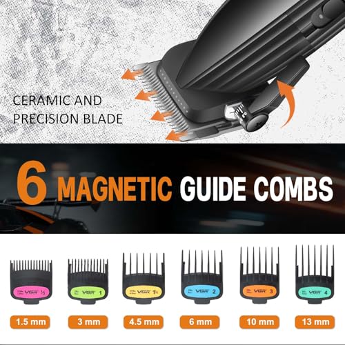 VGR 889C Professional Hair Clippers for Men, 9000RPM Cordless Barber Clippers with Ceramic & MIM Blades, 6 Magnetic Guide Combs, LED Display, USB Charging Base, Mens Grooming Kits for Barber