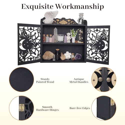 Large Crystal Display Shelf Case for Stones, Carved Sun Crescent Moon Shelf, Trinket Shelf Nail Polish Rack Crystal Holder Essential Oil Storage Rock Cabinet Gem Stone Organizer