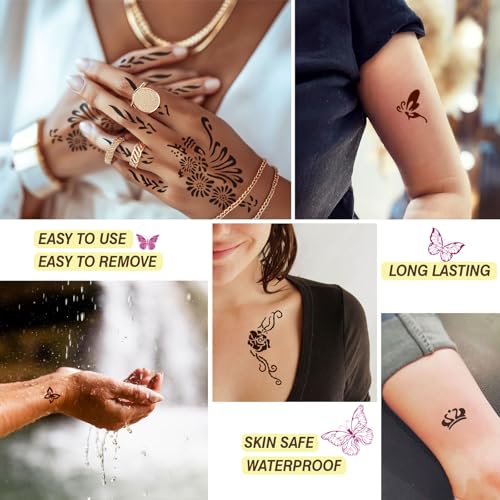 Temporary Tattoo Kit for Teens & Adults ? 3 Tattoo Pastes (2 Brown+Cherry Red), 100pcs Reusable Stencils, Outline Pen, Long Lasting Waterproof Body Art, DIY Skin Painting for Festivals, Parties Makeup
