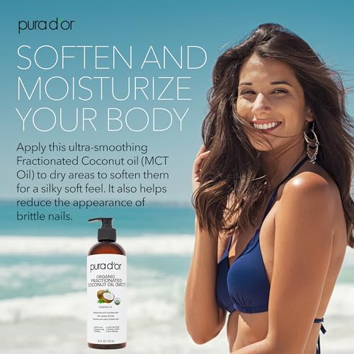 PURA D'OR 16 Oz ORGANIC Fractionated Coconut Oil ? USDA Certified ? MCT Oil ? Therapeutic, Hydrating, Lightweight Moisturizer ? Hexane Free Carrier Oil For Essential Oils & Massage ? Face, Hair & Body