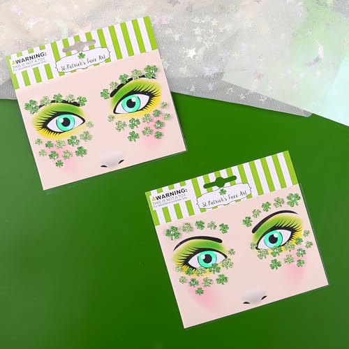 2 Sheets Shamrock Glitter Face Tattoo Jewelry, St. Patrick's Day Celebration Face Gems with Assorted Designs, Sparkle Glitter in Parades, Parties & More (style2)