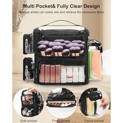TANTO Makeup Brush Bag, Makeup Artist Bag Professional Cosmetic Bag Clear Makeup Bag Large Makeup Train Case Portable Storage Organizer Bag with Adjustable Divide&Shoulder Strap