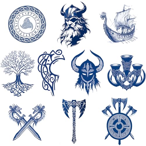 10 Pcs Celtic Viking Tattoos Nordic Tattoo for the Back, Cool Bule Tribal Face Tattoo Viking Feast Men Long Lasting
