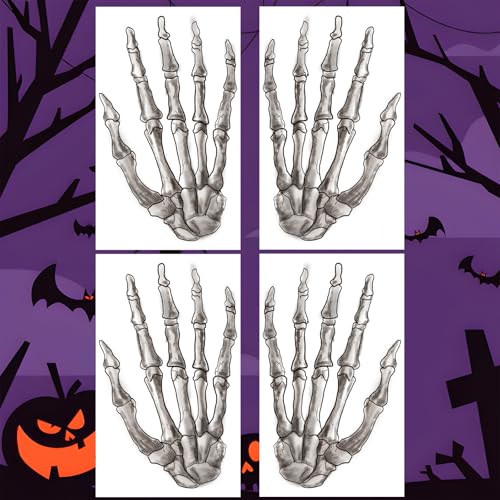 Spooky Halloween Temporary Tattoos - 4-Sheet Skeleton Hand Fake Tattoo Stickers Set for Adults & Teens, Left & Right Hand Designs, Waterproof & Realistic Party Tattoos