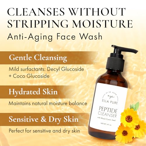 ELLA PURE Peptide Face Wash for Mature Skin ? Anti-Aging Facial Cleanser to Reduce Wrinkles & Improve Firmness, Gentle & pH Balanced for Women Over 40, with Hemp Seed Oil, 4oz