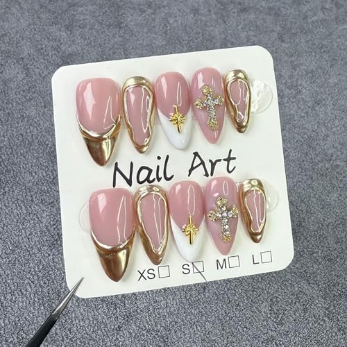 Handmade Press on Nails Golden French Tip Medium Almond False Nails Luxury 3D Metallic Rhinestones Design Muti-Layer Gel Thickened Acrylic Nail Full Cover Stick on Nails for Women (S)