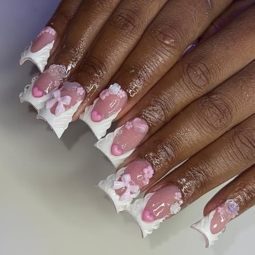 French Tip Press on Nails Handmade Short Duck 3D Floral Thick Acrylic Nails Cute False Nails with Bow Rose Flower Designs White Glossy Fake Nail Sturdy Art Press on Nail 10Pcs(M)