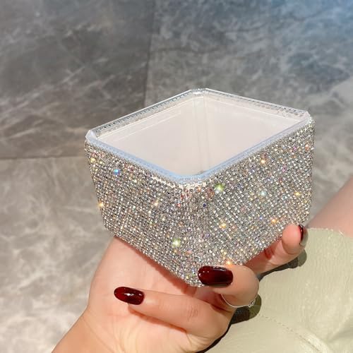 Bling Luxurious Rhinestone Desktop Organizer - High-End Makeup Storage Box Organizer Holder - Elegant Vanity Lipstick Display for Bedroom Dressing Table (Silver)