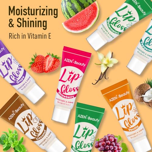 AZEN 24 Pack Lip Gloss Set, Clear Lip Gloss Bulk, Lip Oil for Dry Cracked Lips Moisturizing Hydrating Nourishing with Vitamin E, Valentines Gifts Easter Basket Stuffers