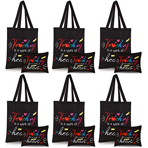 Kacctyen 12 Pcs Teacher Graduation Appreciation Gifts 6 Canvas Totes Bag 6 Makeup Pouch Cosmetic Bags Teacher Gifts(Teaching is a Work of Heart)