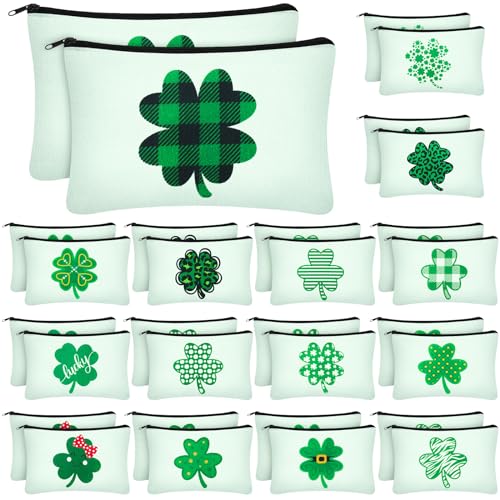 Sweetude 30 Pieces St. Patrick's Day Makeup Bags Bulk,Shamrock Cosmetic Bag with Zipper, St. Patrick's Day Pouch Travel Purse Toiletry Organizer for Women, 15 Styles