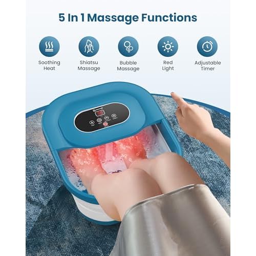 COMFIER Collapsible Foot Spa Bath Massager with Heat, Pedicure Foot Spa with Bubbles, Red Light, Pumice Stone and Shiatsu Massage Rollers, Heated Bath Spa for Relaxation and Stress Relief (Blue)