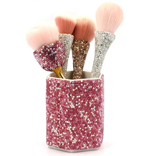 Luxury Crystal Rhinestone Pen Holder Makeup Brush Organizer - Sparkling and Fashionable Desk Organizer for Bling Lovers (Pink)