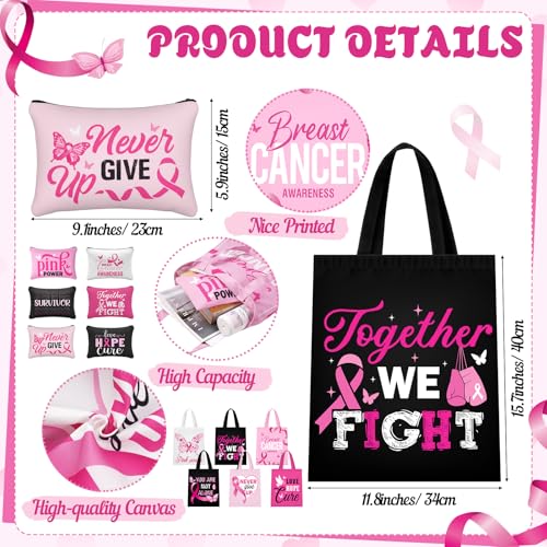 Blosssound 12 Pcs Breast Cancer Awareness Gift Bulk Tote Bags and Cosmetic Pouches Set Pink Ribbon Canvas Reusable Bags for Survivor Gifts Fundraiser Giveaways Charity Walks Awareness Events