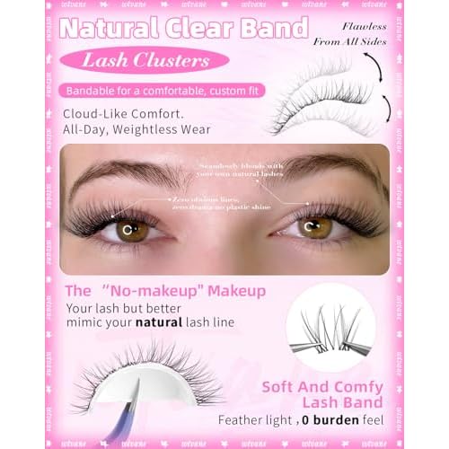Wispy Lash Clusters Natural Cluster Eyelash Extensions 8-10mm Short Lash Extensions Invisible Band Clusters Lashes C-Curly Individual Lashes Natural Look Lash Extensions Soft Band Daily Wear