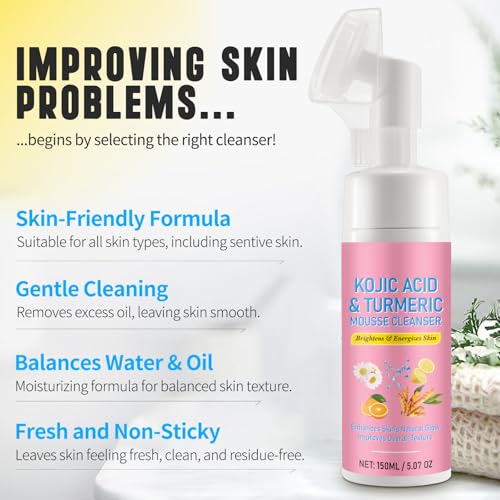 Turmeric Face Wash with Brush, Turmeric Kojic Acid Foaming Cleansing, Cleansing of Facial Skin for Face and Body, Help Balance Skin Oil and Water