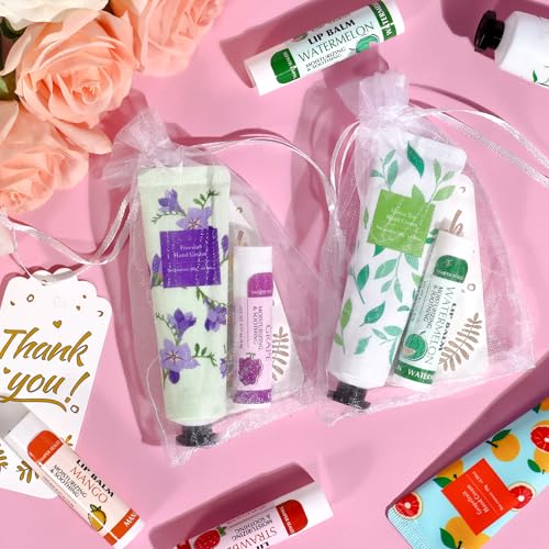 AZEN 100 Sets Bulk Gifts, Hand Cream and Lip Balm Bulk Set with Organza Bag Thank You Card, Baby Shower Wedding Gifts for Guests, Bridal Wedding Favors, Valentines Gift for Women