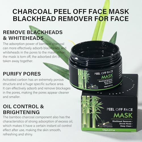 Charcoal Peel Off Face Mask, Blackhead Remover Mask, Black Mask Peel Off for Nose, Deep Cleansing Face Proes, Dirts and Oil for Women & Men, 120g/4.23fl.oz