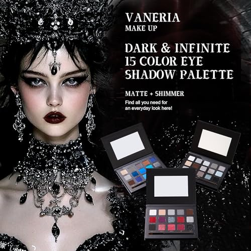 VANERIA Black Smoky Eyeshadow Palette,15 Colors Goth Makeup,Silver Grey Eyeshadow,High Pigment,Long Wear,Cool Toned Eyeshadow Palette,Waterproof,Intense Color(Gothic Black)