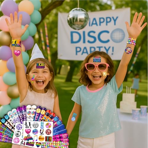 48PCS 70s Disco Party Set - 24PCS Temporary Tattoos & 24PCS Slap Bracelets - Retro Disco-Themed Birthday Supplies, Baby Shower Gifts, Classroom Rewards & Party Decor for Kids (Boys & Girls)