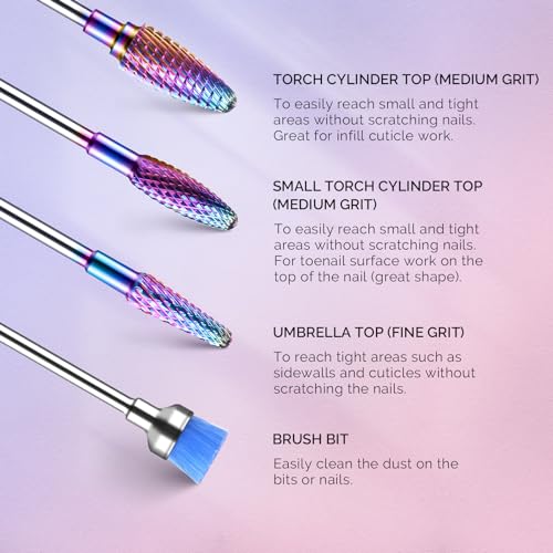 MelodySusie Nail Drill Bits Set, 7pcs Tungsten Carbide Diamond Nail Drill Bits for Acrylic Nails Poly Gel Cuticle Remove, 3/32'' Professional Nail Bits for Nail Drill Efile (A-Colorful)