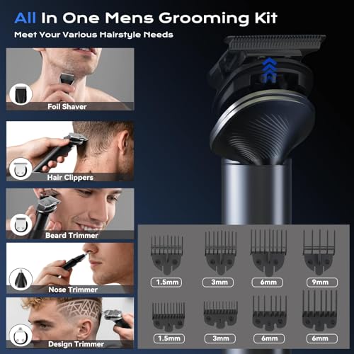 Hair Clippers for Men, Professional Cordless Hair Cutting and Trimmers Set with 7500RPM Powerful Motor & LCD Display, Mutil Function Mens Electric Hair Grooming Shaver Kit for Nose, Face, Body, Beard