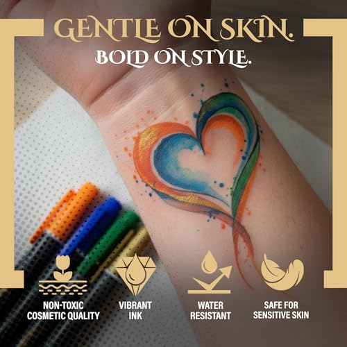 Tattoo Pen Kit for Skin ? 10 Temporary Tattoo Markers with Dual Tips & 20 Stencils, Body-Safe Ink for Face, Hands & Arms ? Fun Body Art Pens for Kids, Teens, Parties, Festivals & Costume Design