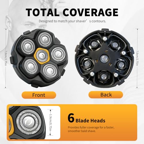 6 Blade Magnetic Replacement Shaving Heads for 6D Bald Head Shavers, Compatible with Most Magnetic Electric Razors for Men (3 Packs)