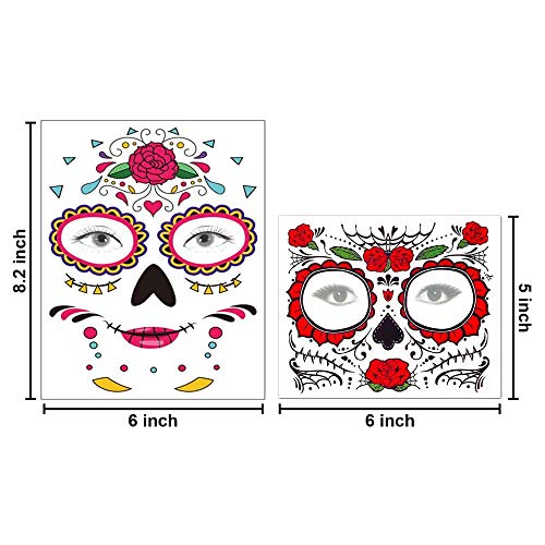 Temporary Face Tattoo, 8 Kits Tattoos Sugar Skull Stickers Day of The Dead Makeup, Face Tattoo Rose Design for Halloween, Masquerade and Parties