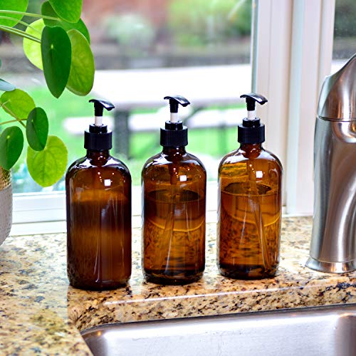 Youngever 6 Pack Empty Amber Glass Pump Bottles, 6 Pack 16 Ounce Pump Bottles, Soap Dispenser, Refillable Containers