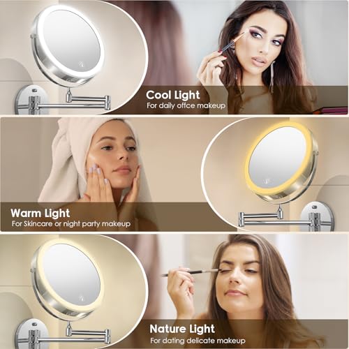 Wall Mounted Lighted Makeup Mirror, 8" Rechargeable Double-Sided Light up Magnifying Mirror 1x/10x, 3 Colors Led Vanity Mirror with Lights, Touch Dimmable 360¡Æ Rotation Foldable