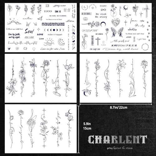 Semi-Permanent Tattoos for Adult - 2 Weeks Long Last Small Flower Words Tattoos for Women Men Hand Neck Body/Fades Naturally/No Reflection/Waterproof/Realistic, Minimal Line Art