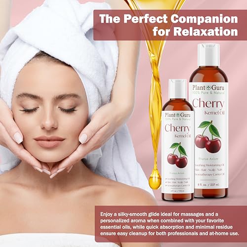 Plant Guru Cherry Kernel Oil 8 fl. oz. Cold Pressed 100% Pure & Natural Carrier ? Skin, Face, Body & Hair Growth Moisturizer. Great for DIY Creams, Lotions, and Lip Balms.