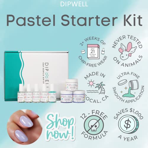 DipWell Dip Powder Nail Kit - Pastel Color Starter, Acrylic & Gel Resin Kit - Comes With Bond, Base, Activator, Sealer, Brush Softener + 3 Powder Jars