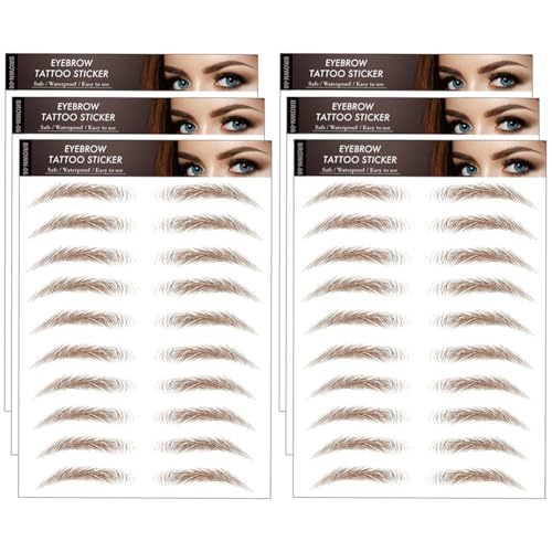 6 Sheets 54 Pairs 4D Hair-Like Waterproof Eyebrow Tattoos Stickers Eyebrow Transfers Sticker Temporary Brow Tattoo Grooming Shaping Eyebrow Sticker for Women Girls Makeup (Brown)