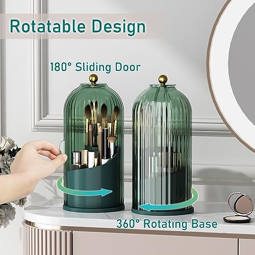 GAXmi Makeup Brush Holder with Lid Cosmetic Tools Organizer 360 Rotating Waterproof Dustproof Beauty Brushes Storage for Vanity, All Green | with Lid, 360 Rotating, Waterproof, Dustproof, for Vanity