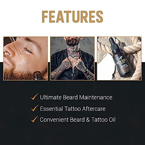 Woody's Tattoo & Beard Oil for Men - Mens Beard Oil, Hydrating Facial Hair & Skin Moisturizer, Enhances Beards Growth & Tattoo Vibrancy, 1 fl oz