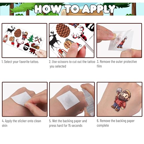 96PCS Lumberjack Temporary Tattoos Themed Woodland Camping Hunting Birthday Party Favors Decorations Supplies Buffalo Plaid Bears Stickers Gifts For Boys Girls Kids School Prizes Carnival Christmas