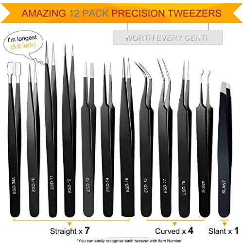 Tweezers, Precision Tweezer Set, Craft Tweezers, Soldering Tweezers, Jewelry Tweezers, Ingrown Tweezers, Eyelash Extension Tweezers, Eyebrow Tweezers - 12 Pack Super Valued Set with Handy Case