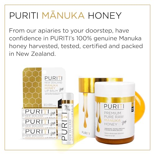 PURITI Manuka Honey Lip Balm ? 3pack Soothing & Moisturizing, Enriched with Almond, Jojoba, Macadamia Oils, Cocoa Butter, Hydrating for Dry & Chapped Lips, 100% Genuine New Zealand Manuka Honey