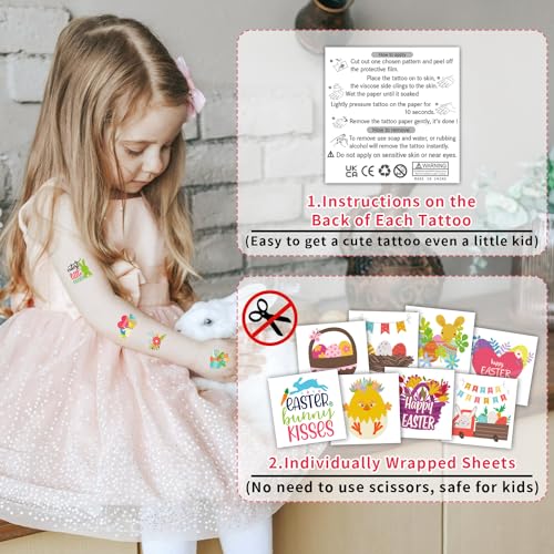 Partywind 204 PCS Easter Kids Tattoos for Basket Essentials, Individually Wrapped Cut Easter Fake Tattoos for Boys Girls Basket Stuffers, Easter Spring Egg Hunt Party Games Prizes Accessories