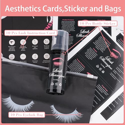 60pcs Lash Extension Cleaning Kit for Clients,10pcs Lash Brushes,10pcs Eyelash Cleaning Brush with Tubes,10pcs Lash Bottles,10pcs Eyelash Bags,10pcs Lash Shampoo Stickers,10pcs instruction card(Black)