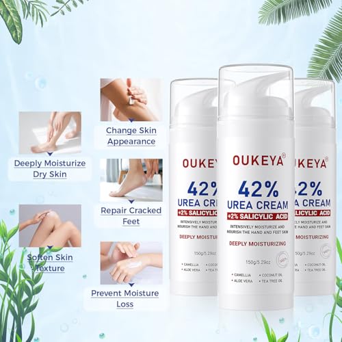 OUKEYA Urea Cream 42% Plus 2% Salicylic Acid ? Intensive Foot & Hand Care for Very Dry, Cracked Skin, 5.29 oz (3 Pack)