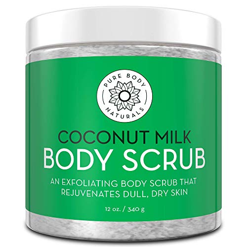 Pure Body Naturals Exfoliating Body Scrub with Hydrating Coconut Milk and Detoxifying Dead Sea Salt, Moisturizing Exfoliating Scrub, 12 Ounce (Packaging Varies)