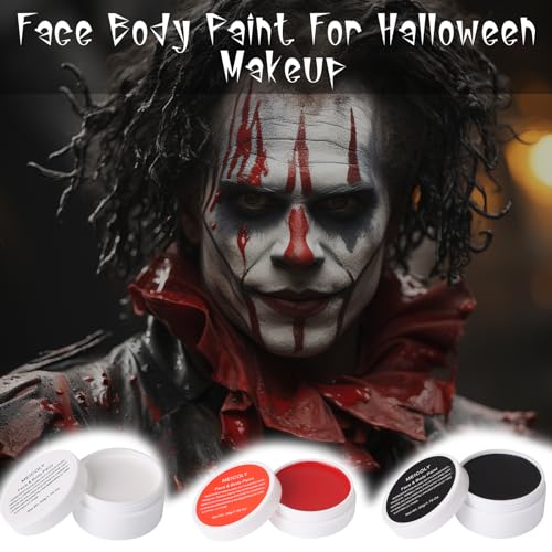 MEICOLY Clown Makeup Kit,White Black Red Face Body Paint for Halloween Devil Joker Zombie Vampire Skeleton SFX Makeup,Pro Oil Based Body Paint with 6 Painting Brushes,4 Sponges,130g/4.59 oz