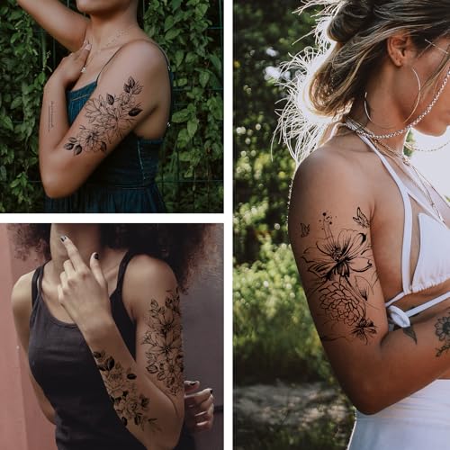 VERKSTAD Christmas Black Temporary Tattoos for Women, Waterproof Flower Butterfly Fake Tattoos for Girls, Floral Letter Writing Symbol Tattoo Kits Hand Body Art for Parties Festivals Everyday Wear