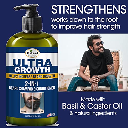 Difeel Men's Ultra Growth Beard Care 3-PC Gift Set for Men - Includes 2-in-1 Beard Shampoo & Conditioner 12oz, Beard Growth Oil 8oz, and Bonus Travel Size Beard Oil