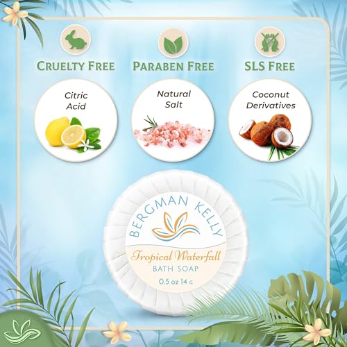 BERGMAN KELLY - Hotel Soap Bars in Bulk - Tropical Waterfall, 0.5 oz, 100 PK - Small Individually Wrapped Round Soap - Travel Size Mini Toiletries for Airbnb, Motel, Guest Bathroom