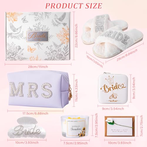 Bridal Shower Gifts Bride To Be Gifts Bride Slippers Mrs Jewelry Box Bride Hair Clip Scented Candle Wedding Engagement Bachelorette Gift for Bride To Be - 7PCS Bride Gift Greeting Card with Gift Box